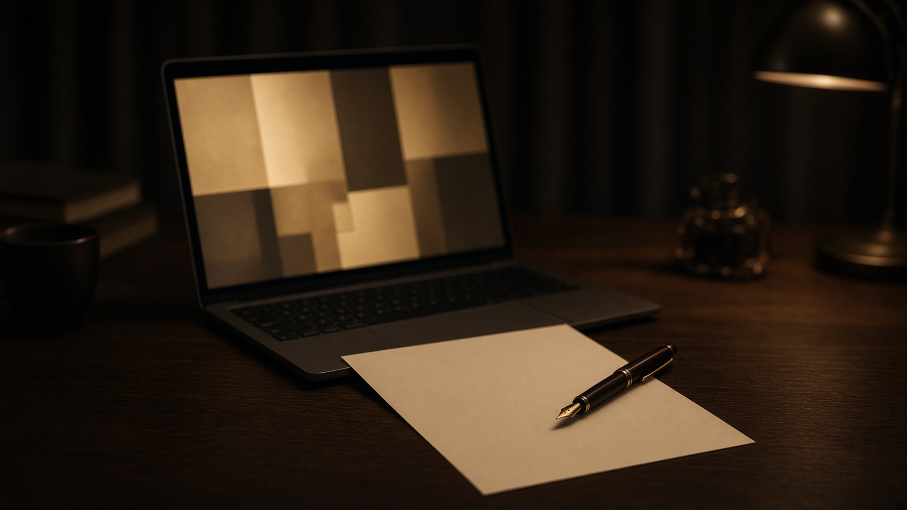 Desk with a laptop showing ad layouts